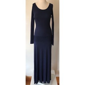 Enza Costa • M • Navy T Shirt Long Sleeve Smocked Drop Waist Maxi Tee Dress
